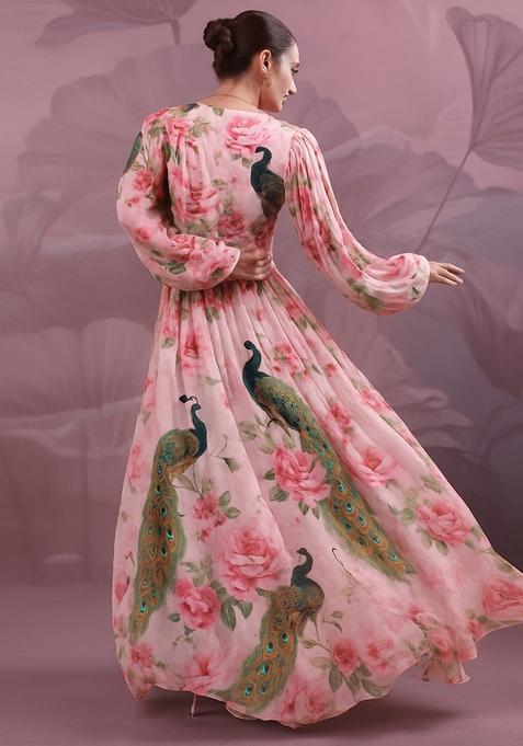 Light Pink Printed Georgette Crop Top Skirt Set