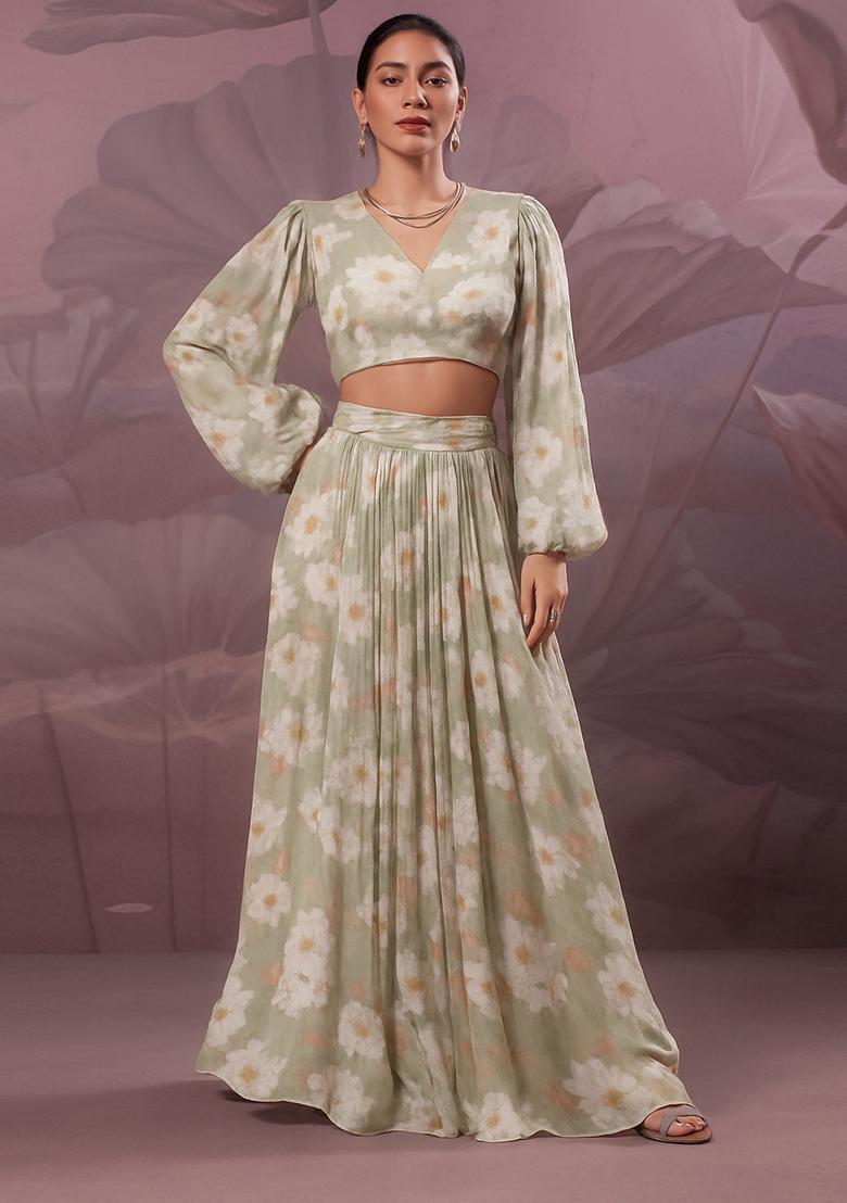 Henna Green Printed Georgette Crop Top Skirt Set