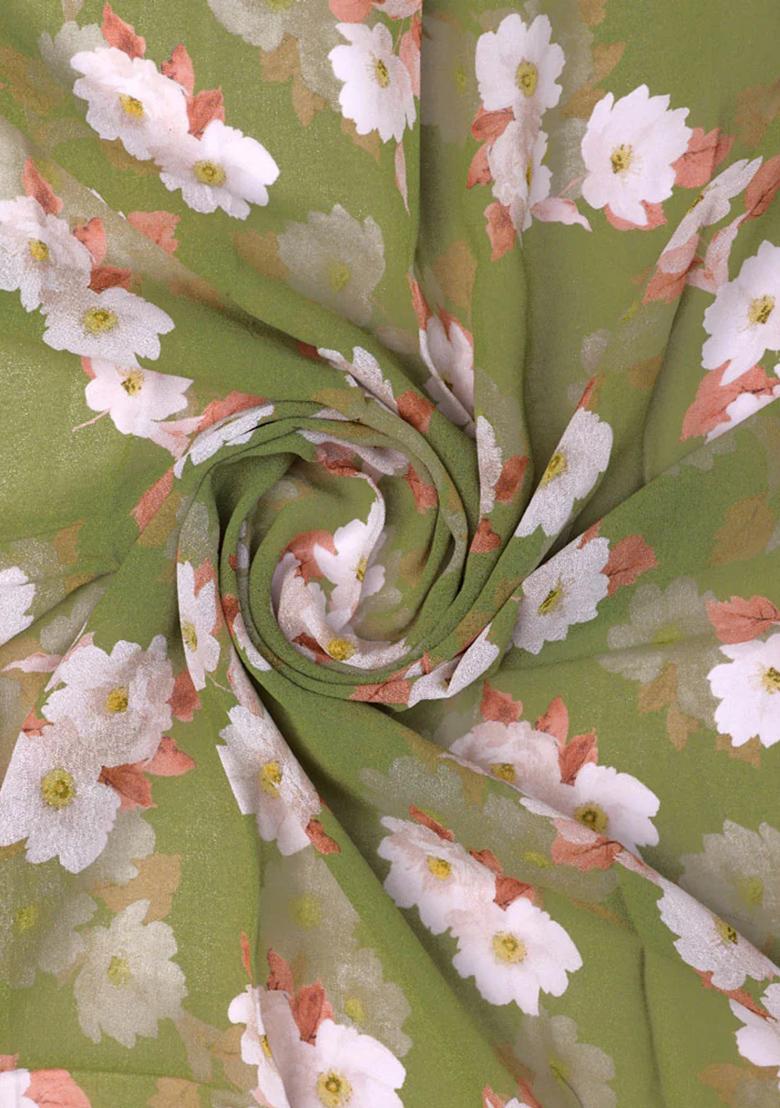 Henna Green Printed Georgette Crop Top Skirt Set