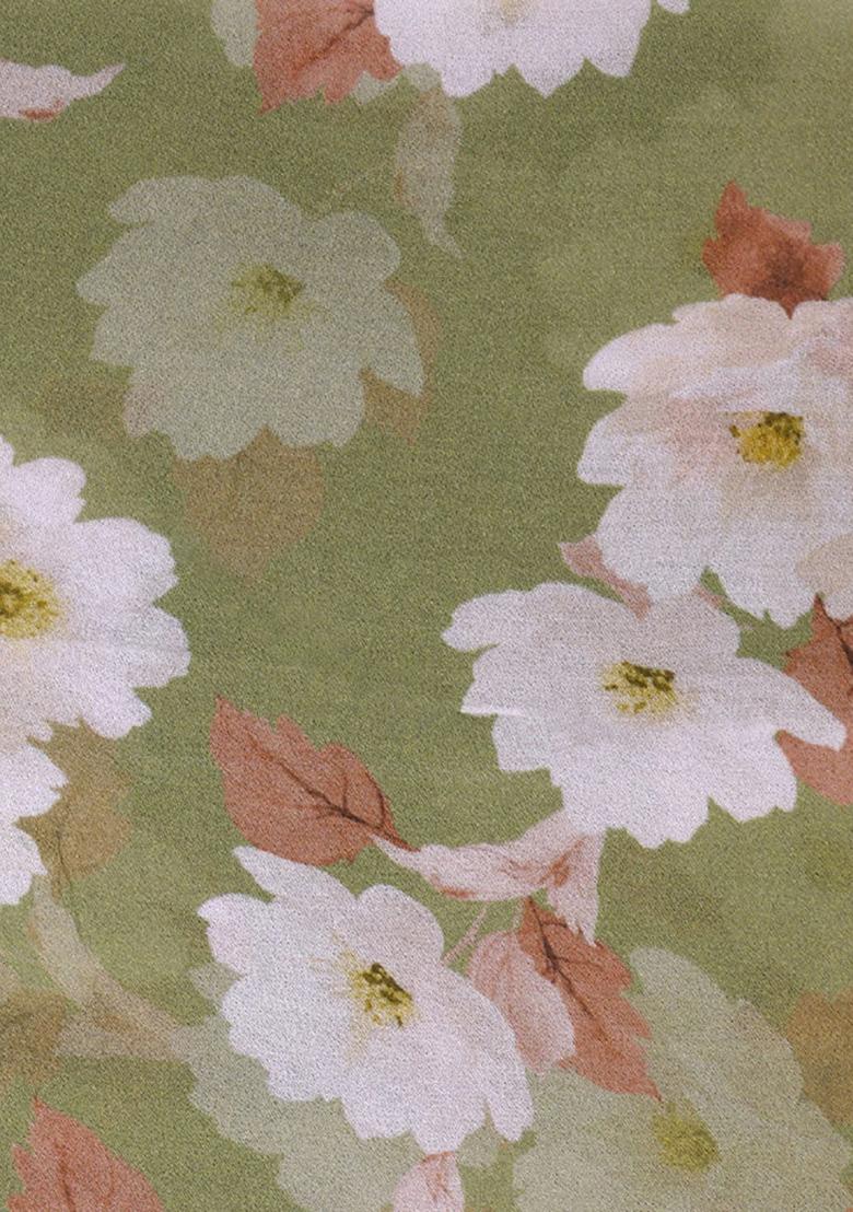 Henna Green Printed Georgette Crop Top Skirt Set