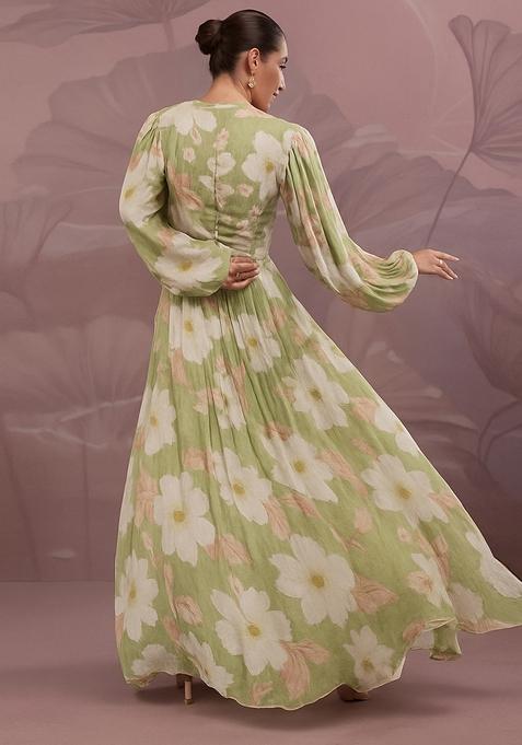 Henna Green Printed Georgette Crop Top Skirt Set