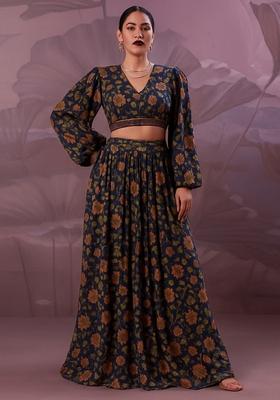 Black Printed Georgette Crop Top Skirt Set