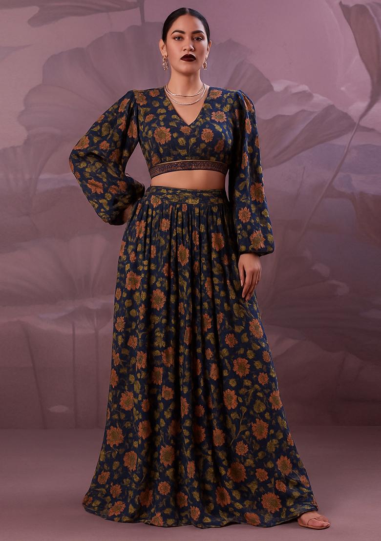 Black Printed Georgette Crop Top Skirt Set