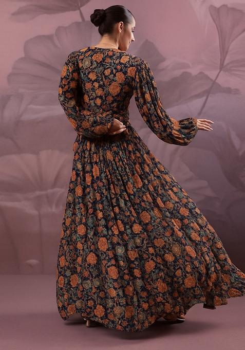 Black Printed Georgette Crop Top Skirt Set