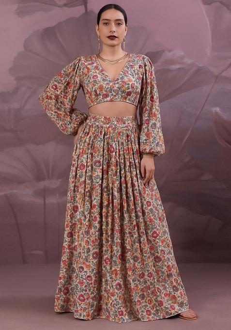 Multicolor Printed Georgette Crop Top Skirt Set