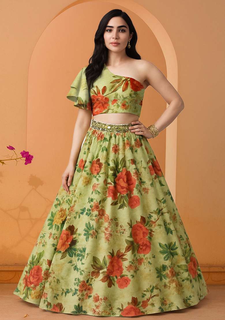 Green Printed Dola Silk Blend Lehenga Set for Diwali and Festive Wear - Indya