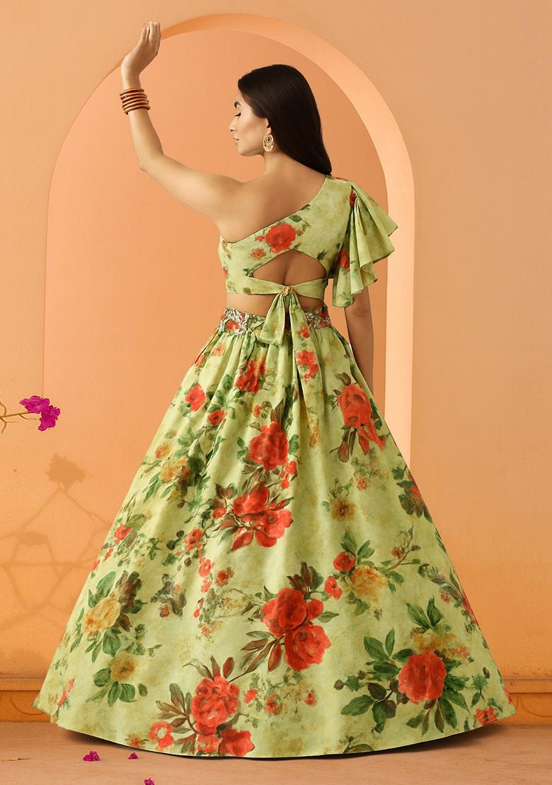 Green Printed Dola Silk Lehenga Set - Indya