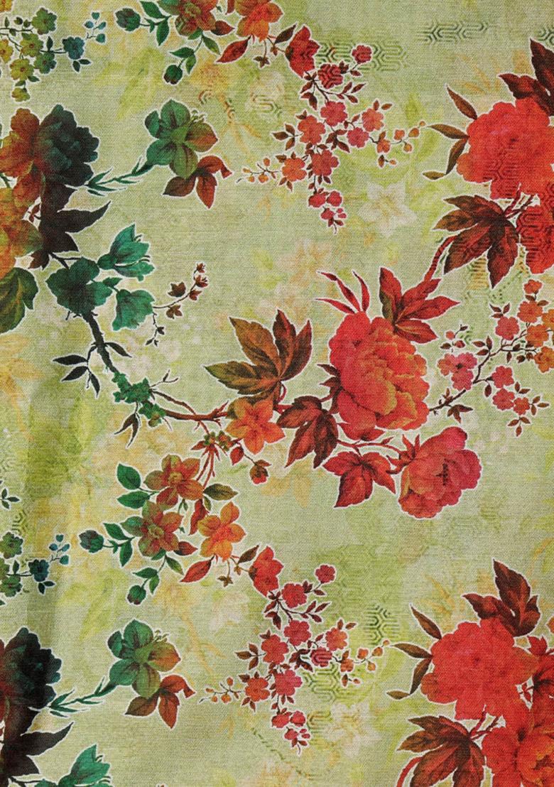 Green Printed Dola Silk Lehenga Set - Indya