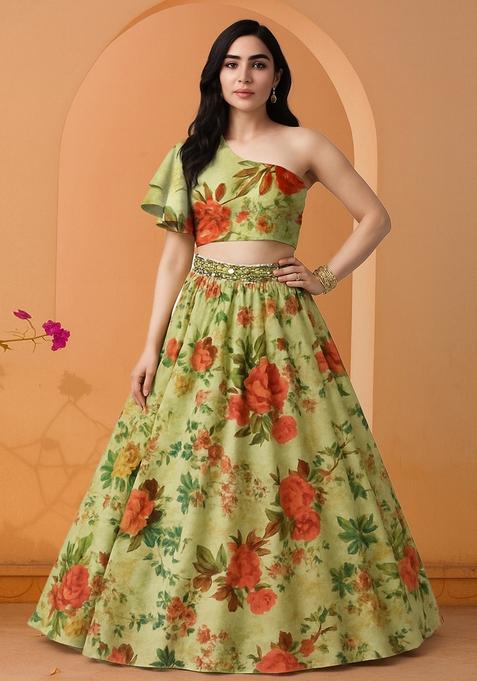 Green Printed Dola Silk Lehenga Set