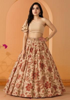 Peach Printed Dola Silk Lehenga Set