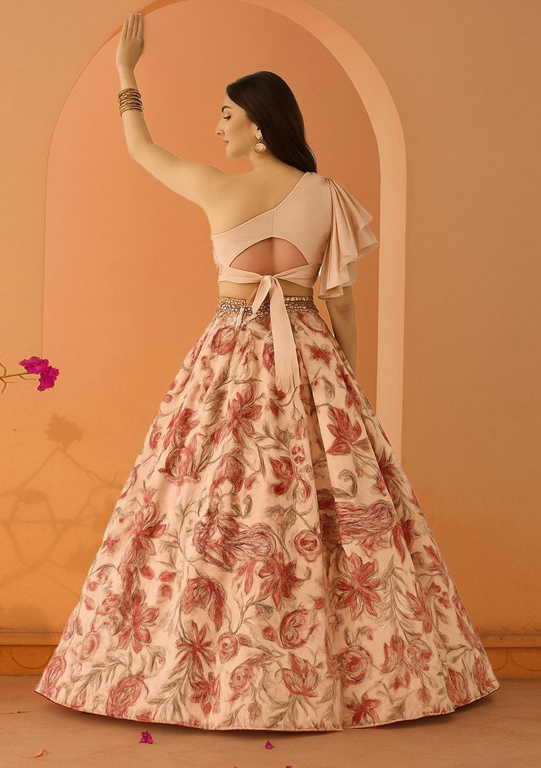 Peach Printed Dola Silk Lehenga Set - Indya