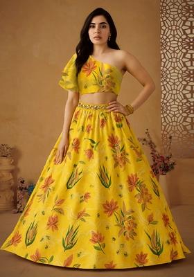 Mustard Printed Dola Silk Lehenga Set