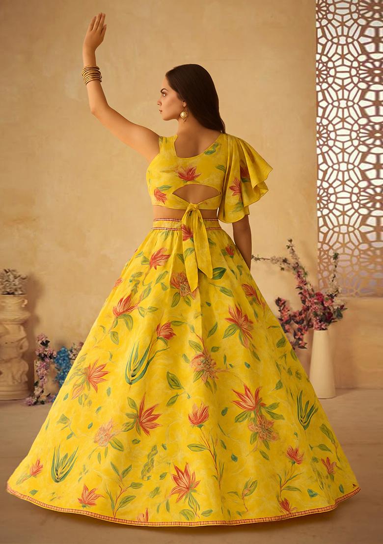 Mustard Printed Dola Silk Lehenga Set - Indya