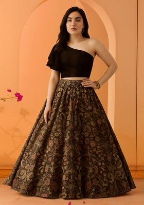 Black Printed Dola Silk Lehenga Set