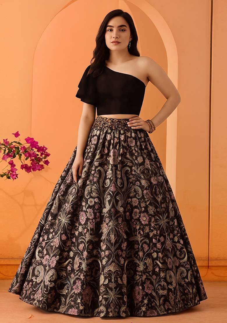 Black Printed Dola Silk Blend Lehenga Set for Diwali and Festive Wear - Indya