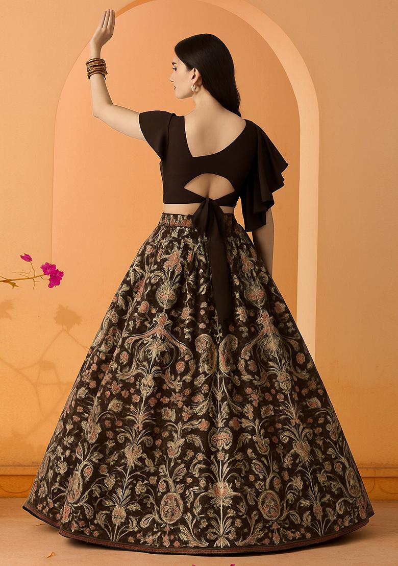 Black Printed Dola Silk Lehenga Set - Indya