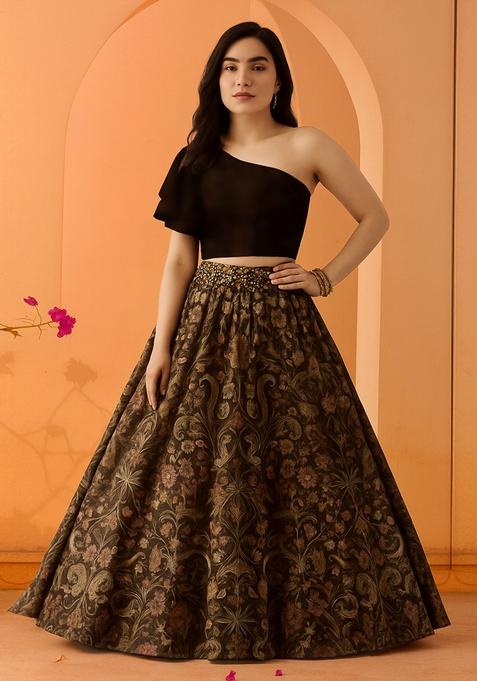 Black Printed Dola Silk Lehenga Set