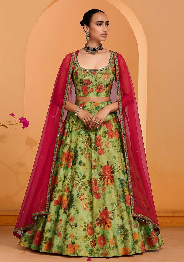 Green Printed Dola Silk Blend Lehenga Set for Diwali and Festive Wear - Indya