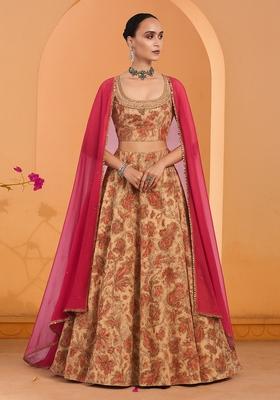 Peach Printed Dola Silk Lehenga Set
