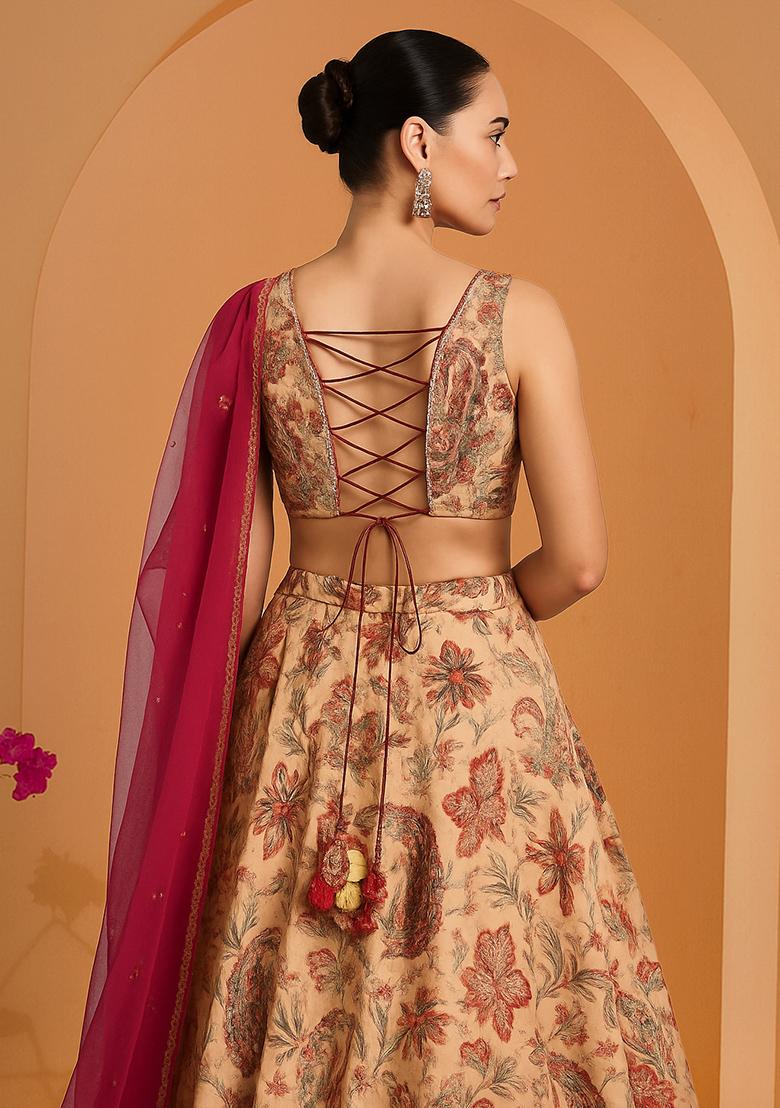 Peach Printed Dola Silk Lehenga Set - Indya