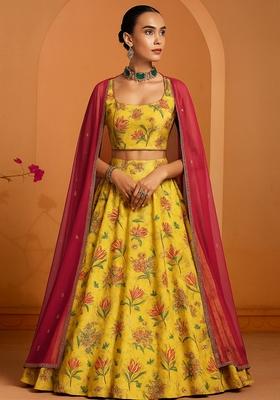 Mustard Printed Dola Silk Lehenga Set