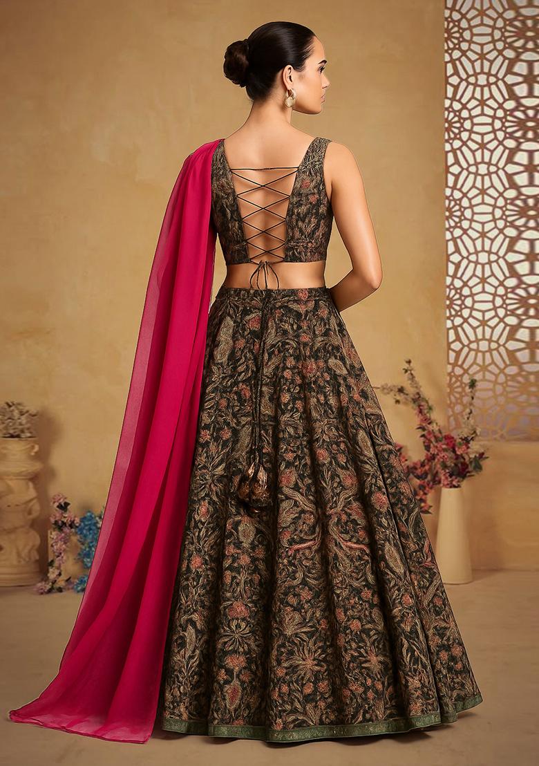 Black Printed Dola Silk Lehenga Set - Indya