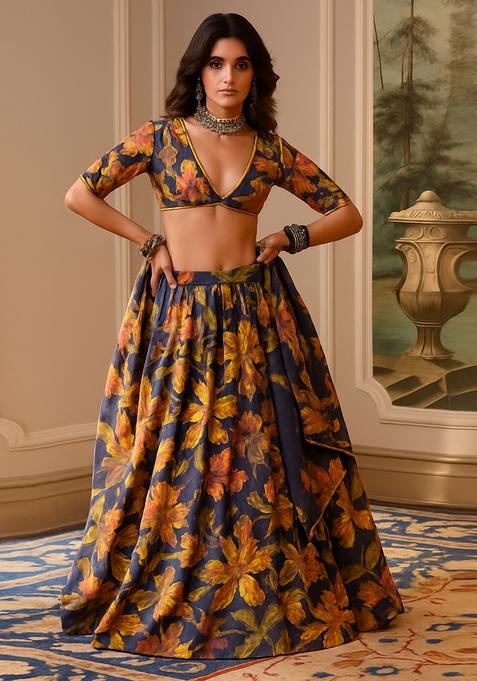 Purple Printed Dola Silk Lehenga Set