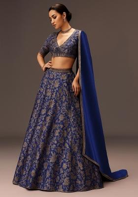 Blue Jacquard Brocade Lehenga Set