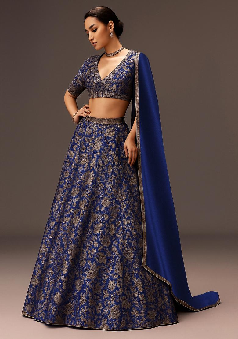 Blue Jacquard Brocade Lehenga Set