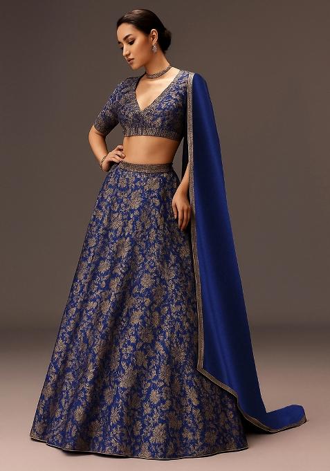 Blue Jacquard Brocade Lehenga Set