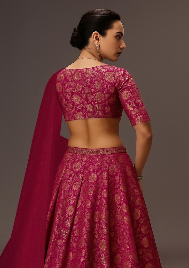 Pink Jacquard Brocade Lehenga Set - Indya