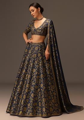 Navy Blue Jacquard Brocade Lehenga Set