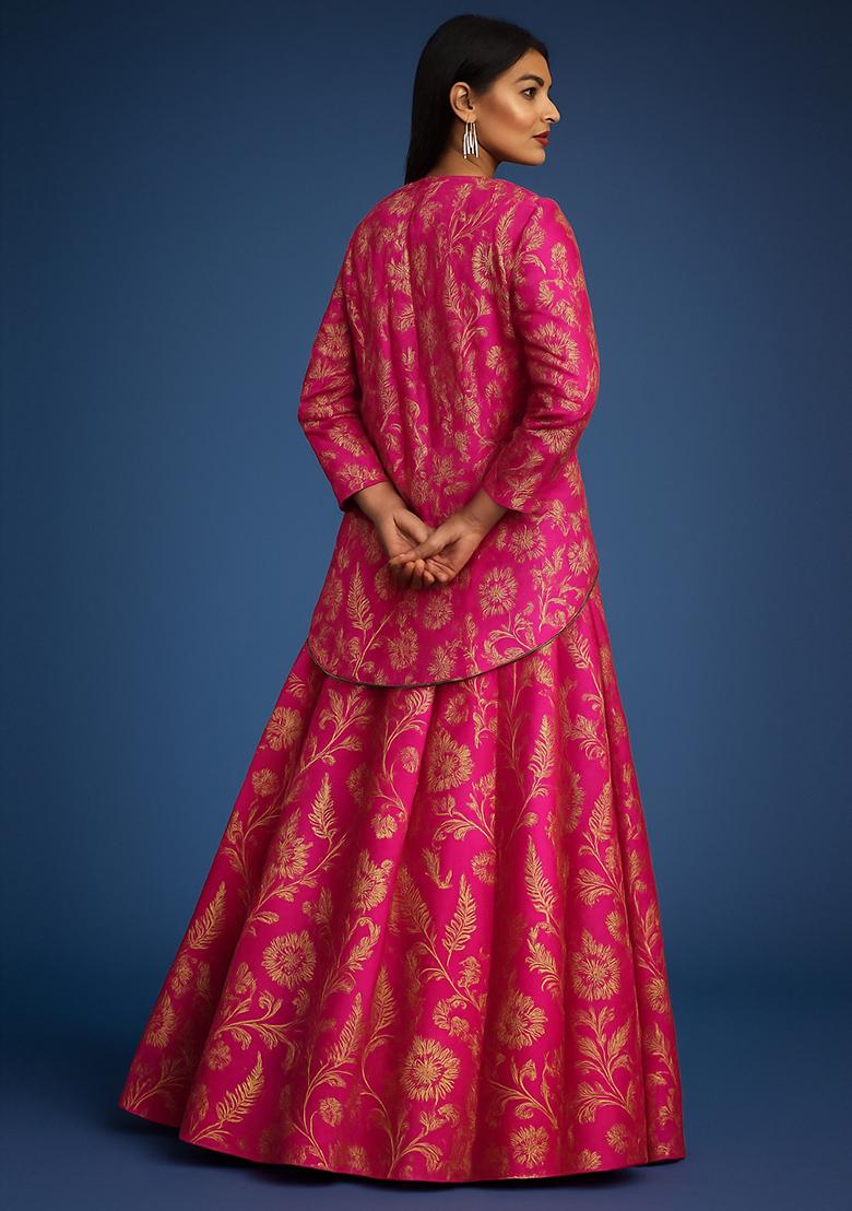 Magenta Pink Jacquard Brocade Lehenga Set - Indya