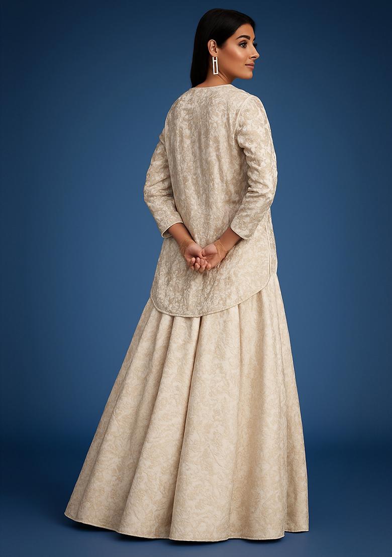 Beige Jacquard Brocade Lehenga Set - Indya