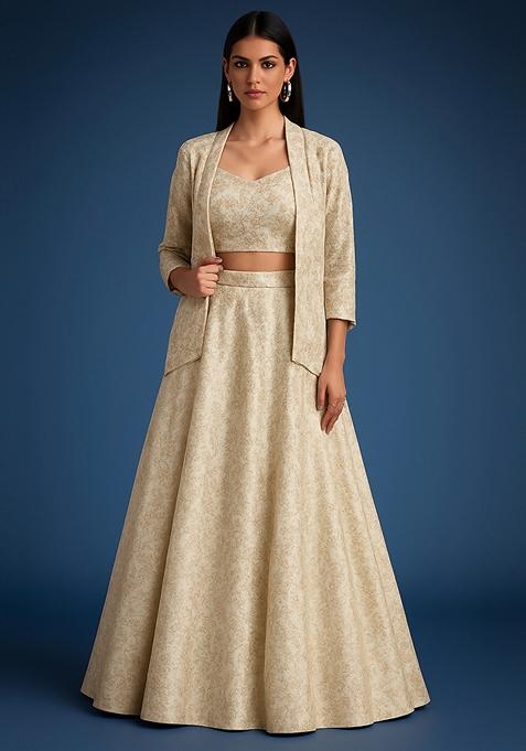 Beige Jacquard Brocade Lehenga Set