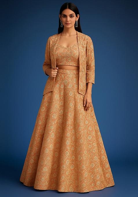 Brown Jacquard Brocade Lehenga Set
