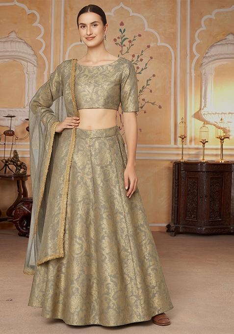Grey Jacquard Brocade Lehenga Set