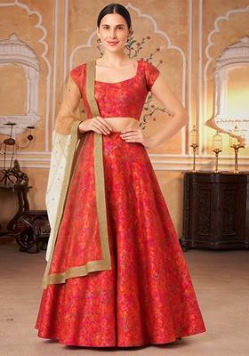Orange Jacquard Brocade Lehenga Set