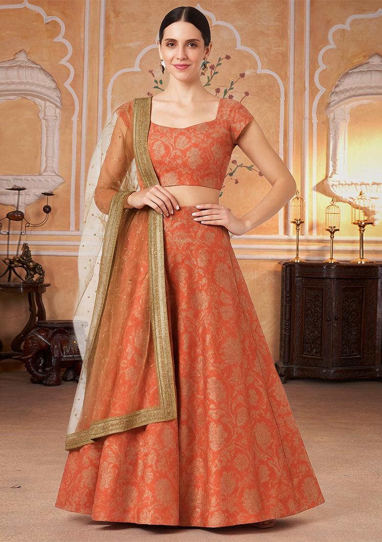 Peach Jacquard Brocade Lehenga Set