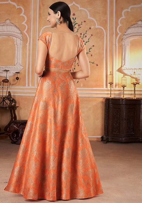Peach Jacquard Brocade Lehenga Set