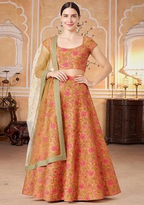 Peach Jacquard Brocade Lehenga Set