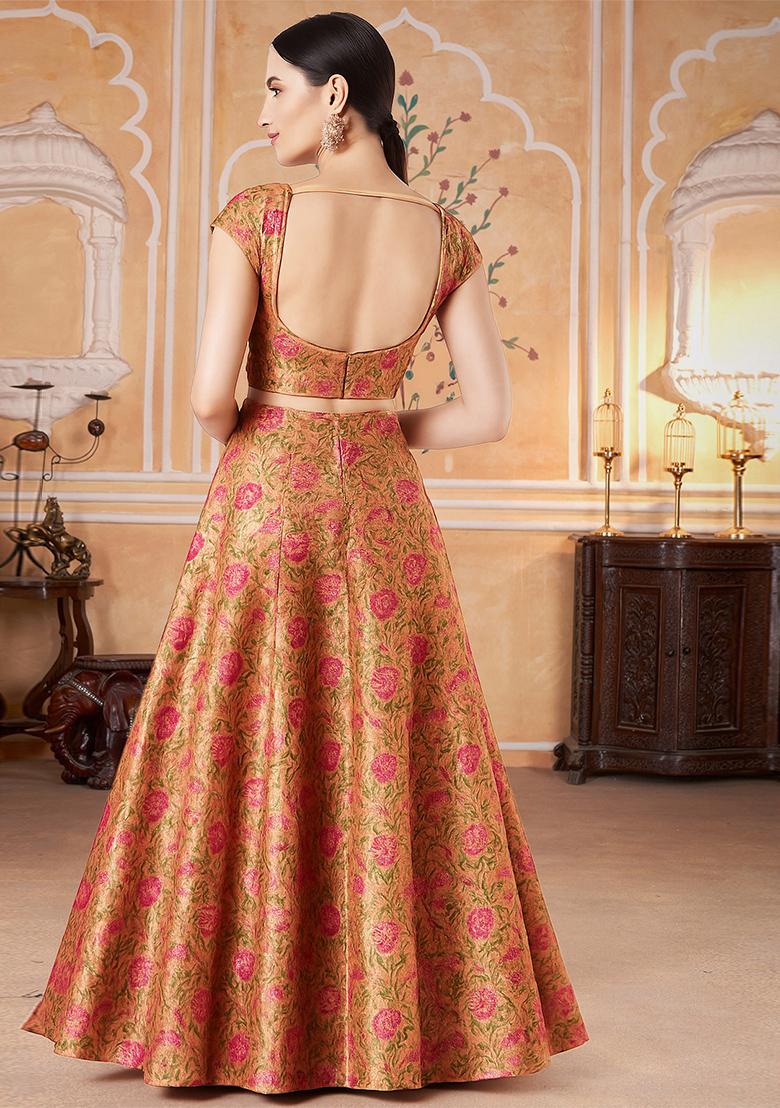 Peach Jacquard Brocade Lehenga Set - Indya