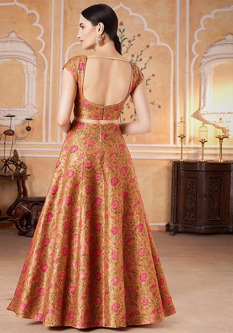 Peach Jacquard Brocade Lehenga Set