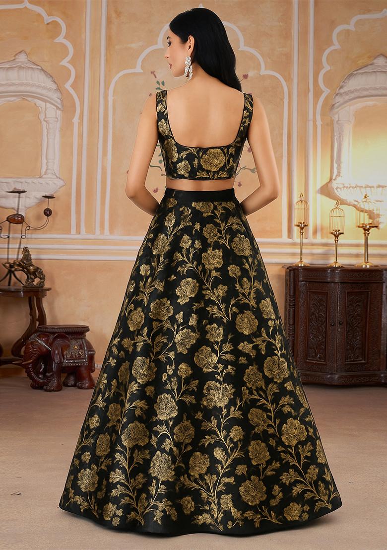 Black Jacquard Brocade Lehenga Set - Indya
