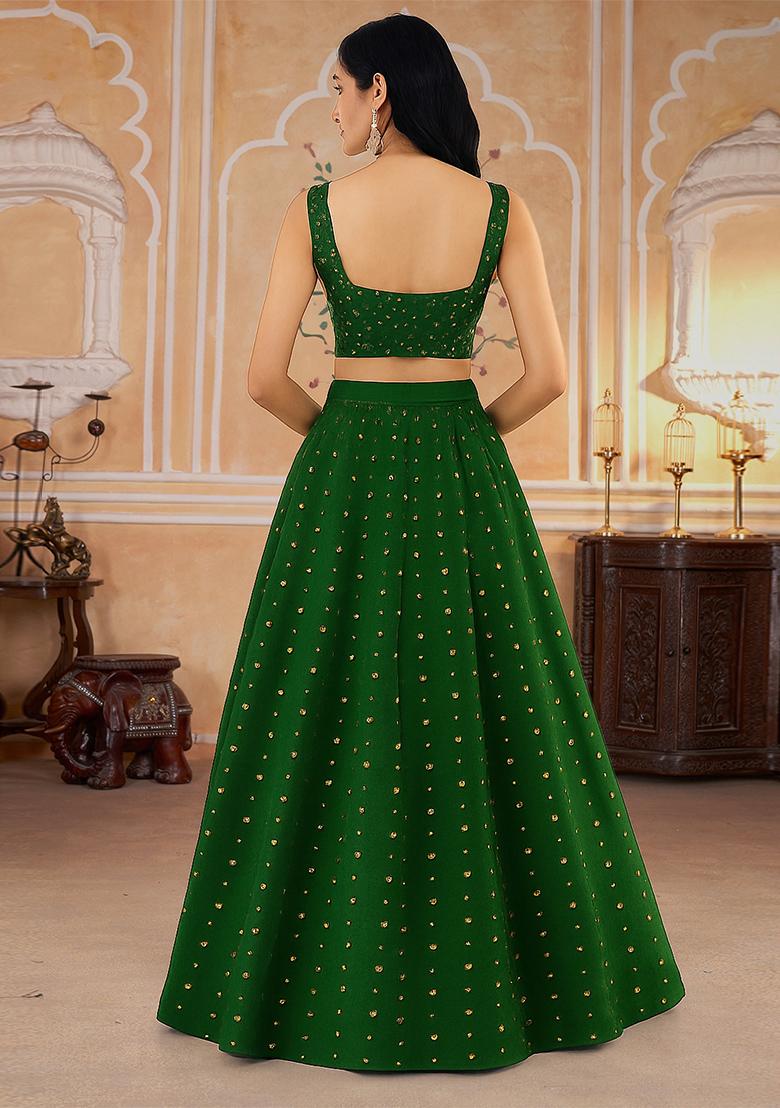 Green Jacquard Brocade Lehenga Set - Indya