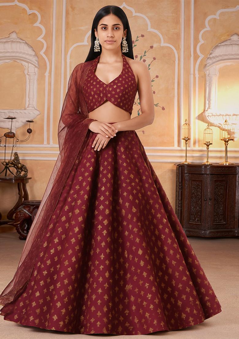 Brown Jacquard Brocade Lehenga Set