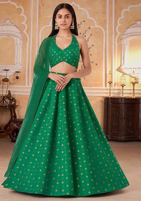 Green Jacquard Brocade Lehenga Set