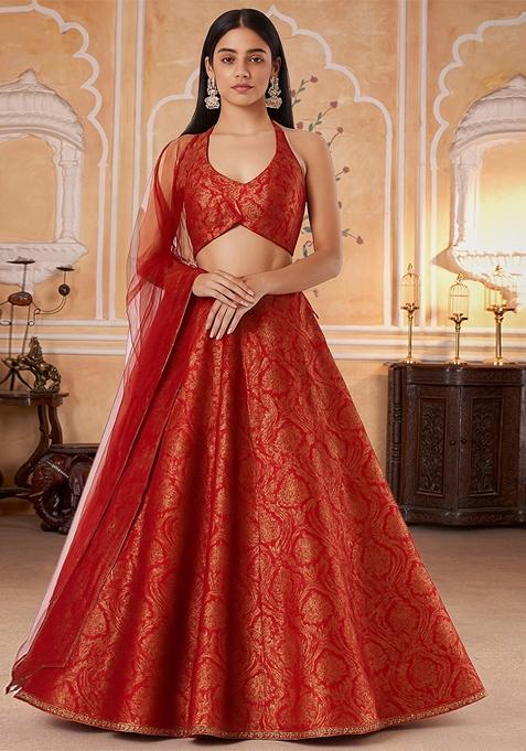 Red Jacquard Brocade Lehenga Set