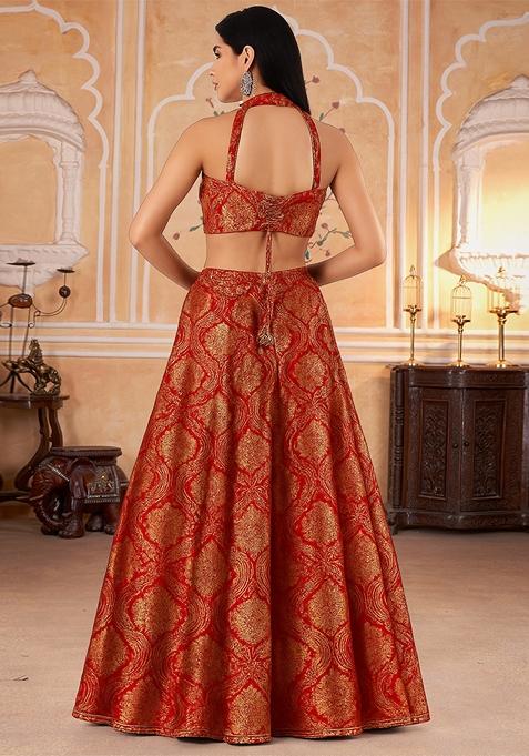 Red Jacquard Brocade Lehenga Set