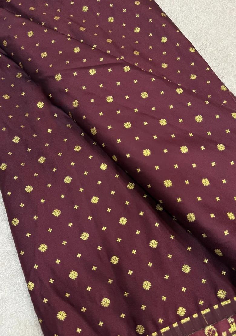 Brown Jacquard Brocade Lehenga Set - Indya